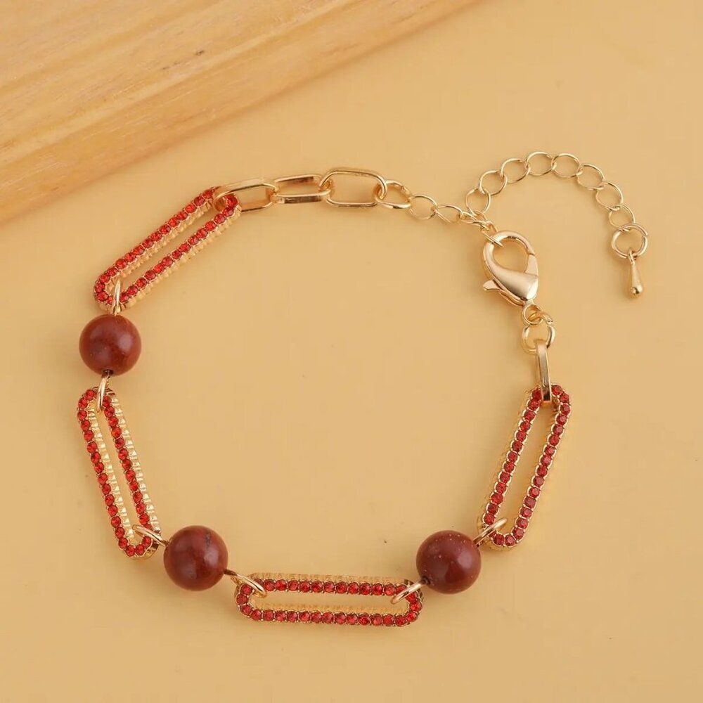 New, Not Worn, Austrian Crystal, Jasper Beaded Paper Clip Brass Bracelet